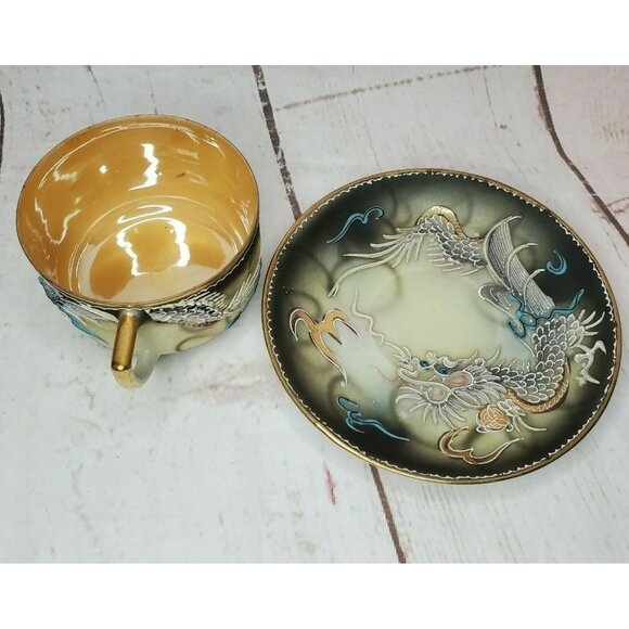 Vintage Japanese Dragonware Teacup & Saucer Set Moriage Demitasse Hand Painted - Picture 7 of 11